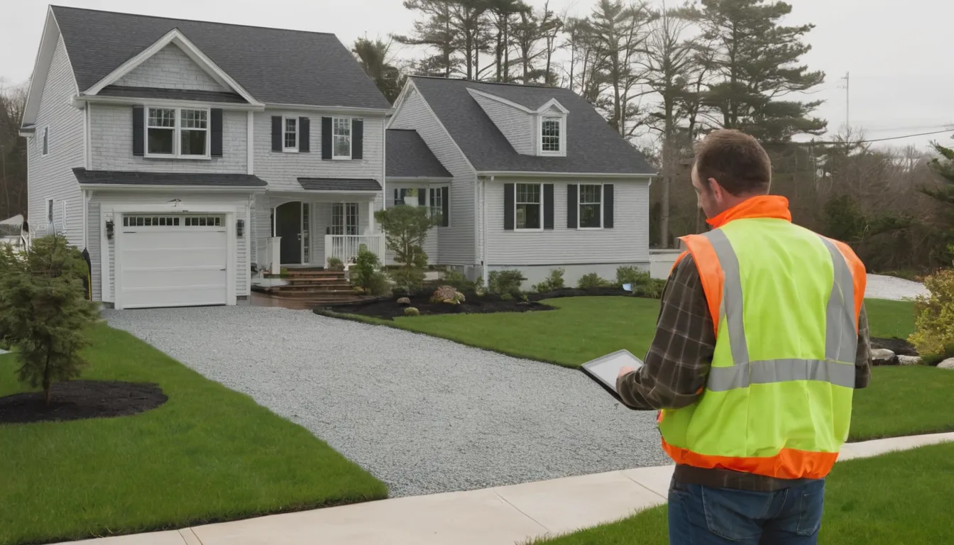 A friendly septic provider talking with a homeowner beside an open tank access area in a Lake Grove yard